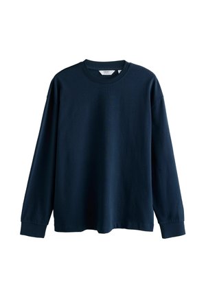 Marineblå langærmet t-shirt lavet af blødt bomuld, med rund hals og ribbede manchetter, i en afslappet pasform og uden synlige mønstre.