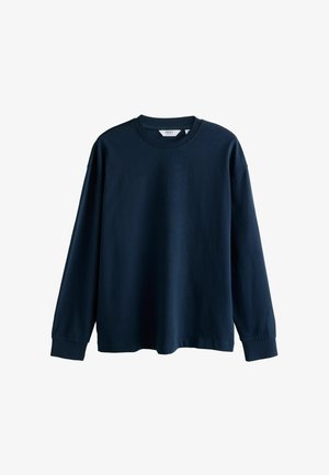 Dunkelblaue Langarm-T-Shirt aus weicher Baumwolle, mit Rundhalsausschnitt und gerippten Bündchen, in einer lockeren Passform und ohne sichtbare Muster.