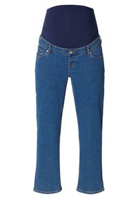 Capris en denim bleu avec une taille élastique bleu marine. Comprend des poches plaquées et des coutures contrastées. Design ajusté avec une légère évasement au niveau de l'ourlet.
