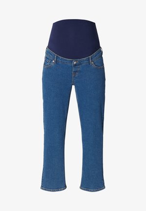 Blauwe denim capri's met een marineblauwe rekbare tailleband. Voorzien van steekzakken en contrasterende stiksels. Aansluitend ontwerp met een lichte flared onderkant.