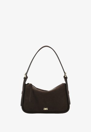 Brown suede shoulder bag with a curved design, gold hardware, and a zip closure. Single top handle and subtle logo detail on the front.