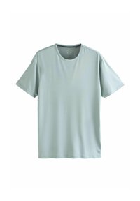 Helles blaues, kurzärmliges Sport-T-Shirt mit Rundhals-Ausschnitt, aus atmungsaktivem Stoff, auf weißem Hintergrund präsentiert.