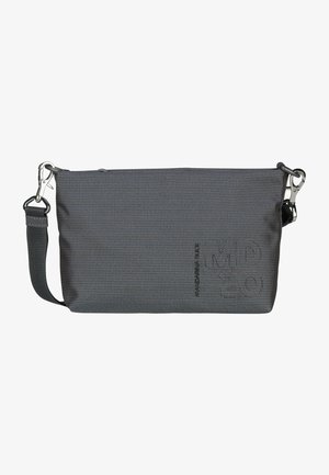 Dark gray crossbody bag made of textured fabric with small dot pattern, features adjustable strap and silver hardware accents.
