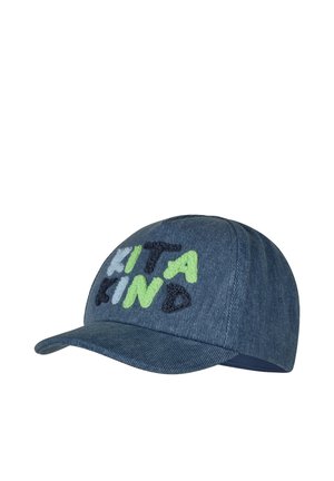 Blue denim baseball cap with embroidered multicolor letters spelling "KITA KIND" on the front panel.