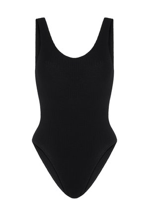 Zwarte ribbel éénstuk swinsuit met een ronde hals, brede schouderbanden en hoge beenopeningen voor een slanke silhoutte. Textuur stofdetail.