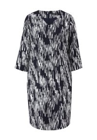 Marineblaues Kleid mit einem weißen abstrakten Muster, V-Ausschnitt und Dreiviertelärmeln. Weicher Stoff mit lockerer Passform.