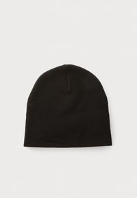 Black knit beanie hat with a rounded top and a seamless design. The fabric is soft and textured, offering stretch for a snug fit.