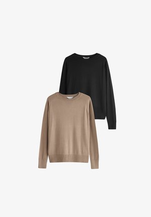 Dos suéteres de cuello redondo: uno negro y uno beige claro. Ambos presentan una textura suave y mangas largas con puños y dobladillos de canalé.