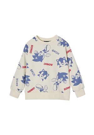 Cream sweatshirt featuring blue Sonic character graphics and red "SONIC" text. Soft fabric, long sleeves, and ribbed cuffs and hem.