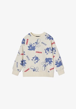 Cream sweatshirt featuring blue Sonic character graphics and red "SONIC" text. Soft fabric, long sleeves, and ribbed cuffs and hem.