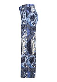 Blauwe en witte wijde broek met een mix van paisley- en bloemdessins, voorzien van een aansluitende tailleband en riemlussen.