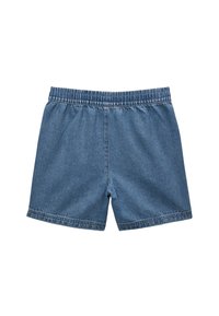 Shorts en denim avec une taille élastique, couleur bleu moyen, coupe droite et texture lisse. Design simple sans détails supplémentaires.