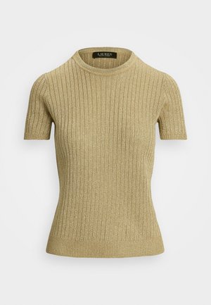 Maglione corto a maniche corte in oro, con una silhouette aderente e colletto rotondo. Presenta una consistenza morbida e una leggera lucentezza su tutta la stoffa.