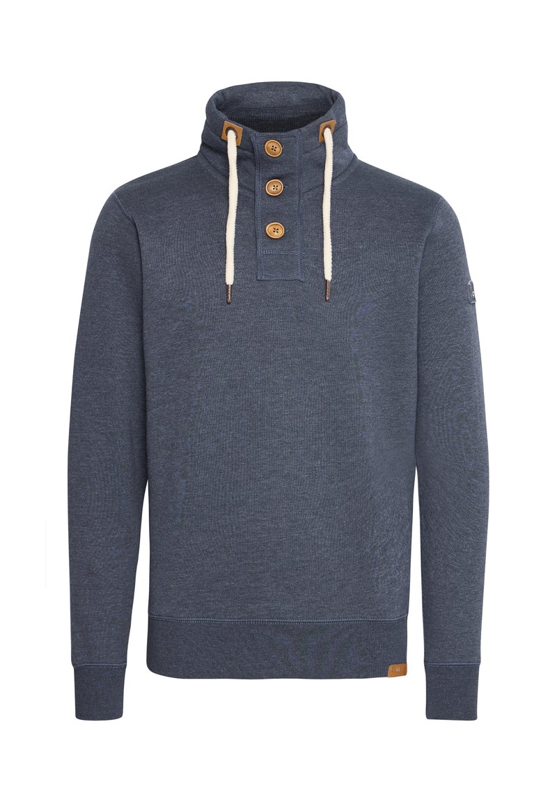 Sudadera de tiro alto en azul marino con un cuello alto, tres botones de madera y cordones crema. Cuenta con puños y bajo acanalados.
