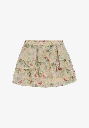 Gonna a balze color beige chiaro con volant, decorata con una stampa colorata di farfalle e fiori.