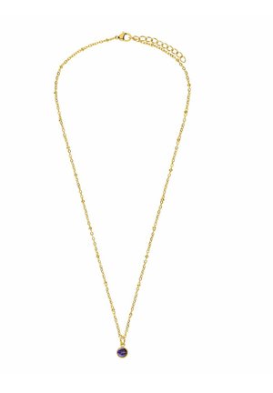 Gouden ketting met een ronde paarse stenen hanger, delicate schakels en een kreeftsluiter met een lengte-aanpassingsketting.