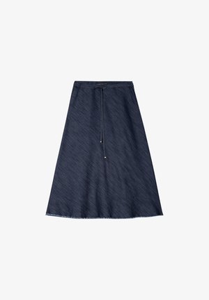 Denim skirt with a flared shape, dark blue color, drawstring waist, and fringed hem. Smooth texture, casual design.