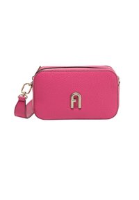 Borsa a tracolla in pelle rosa con superficie testurizzata, hardware dorato, chiusura con zip e logo impresso sulla parte anteriore. Include una tracolla regolabile.