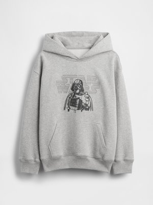 Grauer Kapuzenpullover mit Fronttasche, darauf ein schwarzes Grafikbild von Darth Vader und der Schriftzug "Star Wars".