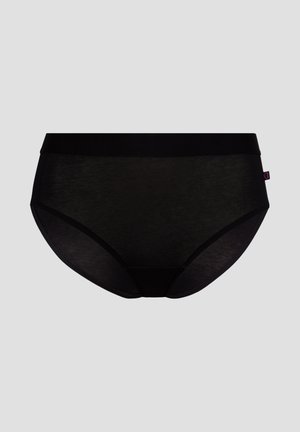 Black seamless mid-rise bikini underwear with a small side tag featuring a heart symbol on a gray background.