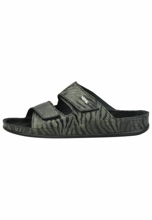 Ciabatta nera e grigia a righe zebrate, con due fibbie in velcro regolabili e suola morbida imbottita.