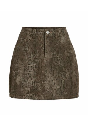 Jupe en denim à imprimé serpent marron avec cinq poches, un fermeture à pression à l'avant et une coupe droite. Tissu texturé avec un éclat subtil.
