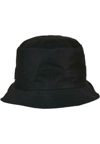 Schwarzer Bucket Hat aus strapazierfähigem Material, mit runder Oberseite, breiter Krempe und gesticktem Detail am Rand. Einfaches Design ohne Muster.