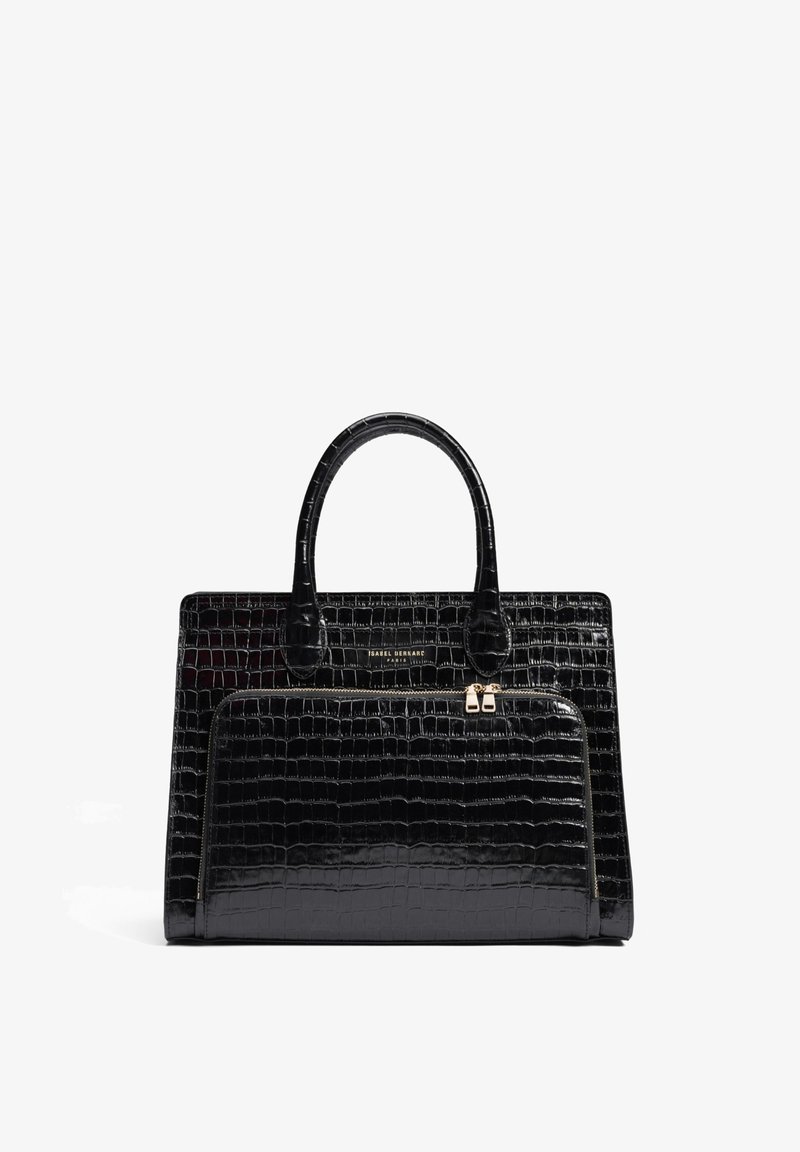 Black croc-patterned handbag with two handles and a front zipper pocket, labeled "Isabel Bernard Paris" in gold lettering.