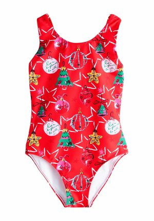 Roter Einteiler-Badeanzug mit festlichem Muster aus Weihnachtskugeln, Tannenbäumen und Sternen in verschiedenen Farben. Glatter, dehnbarer Stoff.