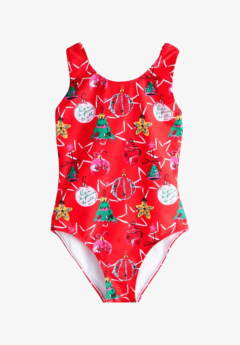 Maillot de bain rouge une pièce avec un motif festif de boules de Noël, sapins et étoiles de différentes couleurs. Tissu lisse et extensible.