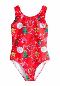 Costume intero rosso con un motivo festivo di ornamenti natalizi, alberi e stelle in vari colori. Tessuto liscio ed elastico.