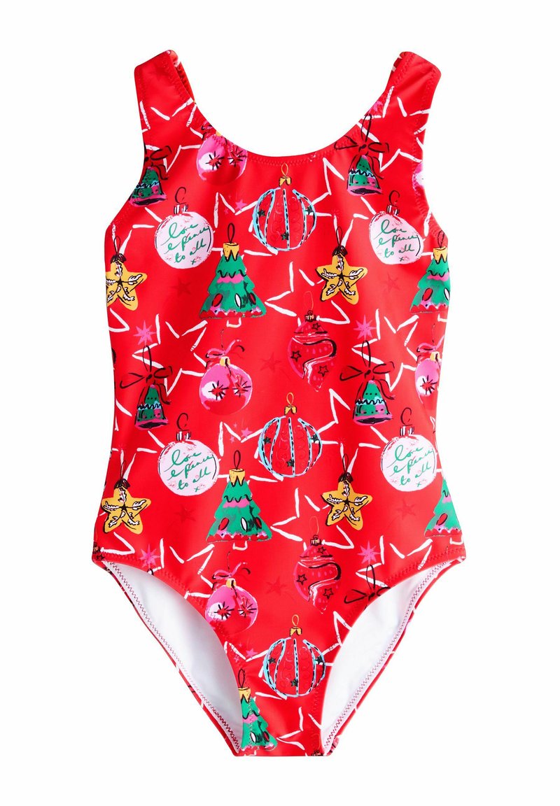 Rode eendelige badpak met een feestelijk patroon van kerstversieringen, bomen en sterren in verschillende kleuren. Gladde, rekbare stof.
