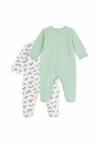 Zwei Baby-Overall: einer in einfarbigem Minzgrün mit langen Ärmeln, der andere weiß mit navyblauen Zebramustern. Weiches Baumwollmaterial, mit Fußdesign.
