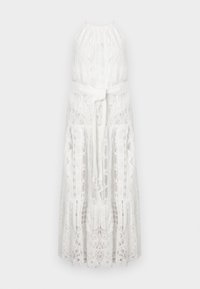 Robe maxi blanche en dentelle, dotée d'un col halter, d'un ourlet volant et d'une ceinture en tissu à la taille. Motifs floraux en dentelle détaillés sur l'ensemble.