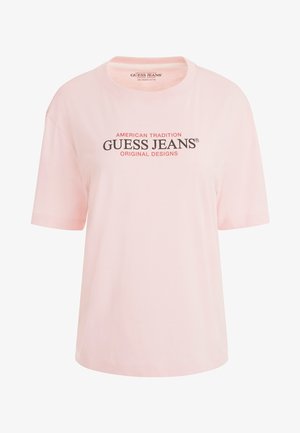 Világos rózsaszín, rövid ujjú póló organikus pamutból, fekete és narancssárga szöveges logóval, kerek nyakkal. Nincsenek minták vagy díszítések.