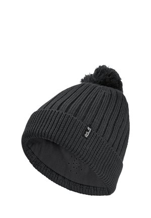 Zwart gebreide wintermuts met een pompon bovenop en een fleece voering, met een klein Jack Wolfskin-logo label op de rand.