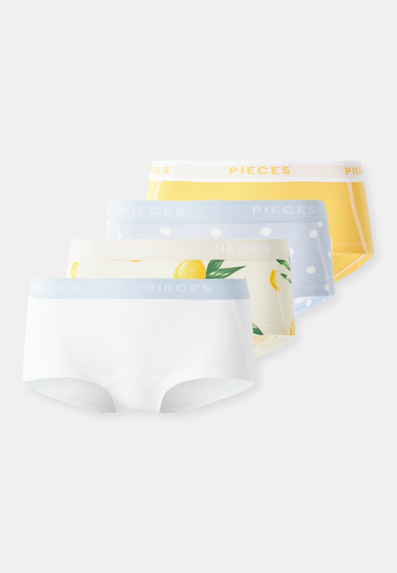 Fyra par kvinnliga bomullsunderbyxor: vita, gula, mönstrade med citroner, och ljusblå med prickar, alla med elastiska midjeband märkta "PIECES."