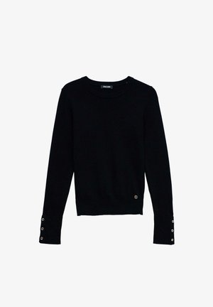 Suéter de punto negro con cuello redondo, mangas largas y detalles de botones en los puños. Presenta una pequeña etiqueta con el logotipo en el dobladillo.