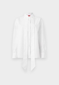 White shirt made of cotton blend, featuring a high collar, pleated front, long sleeves, and a tied detail at the hem. Smooth texture.