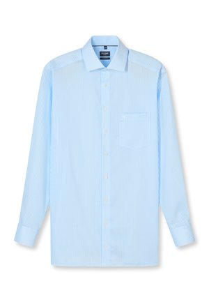 Light blue men's long-sleeve button-up shirt with white vertical stripes and a chest pocket, laid flat with collar and cuffs visible.