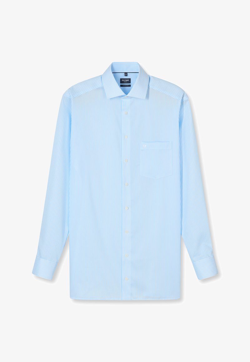 Light blue men's long-sleeve button-up shirt with white vertical stripes and a chest pocket, laid flat with collar and cuffs visible.
