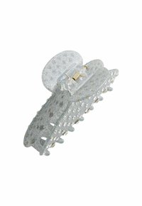 Glänzender silberner Haarklammer aus transparentem Material, mit runden Ausschnitten und einem Federmechanismus für sicheren Halt.