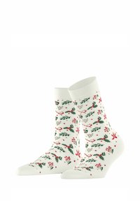 Weiße Socken mit einem festlichen Muster, das rote und grüne Stechpalmen, Schneeflocken und Beeren zeigt. Gerippte Bündchen, Baumwollmischung.