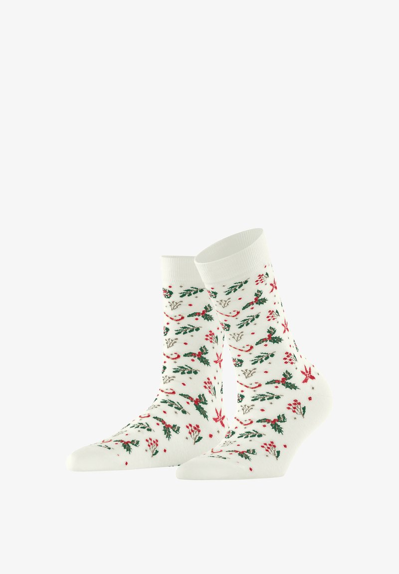 Weiße Socken mit einem festlichen Muster, das rote und grüne Stechpalmen, Schneeflocken und Beeren zeigt. Gerippte Bündchen, Baumwollmischung.