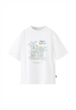 Bela kratka majica z rokavi s skico lesenega plažnega koča, palmami, rumenim soncem in besedilom "Lagoon escape."
