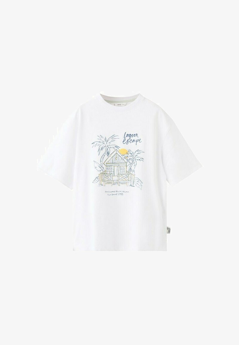 T-shirt blanc à manches courtes avec un croquis d'une cabane de plage en bois, des palmiers, un soleil jaune, et le texte "Évasion à la lagune."