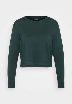 Donkergroene cropped trui met een ronde hals en lange mouwen, met een gebreide textuur en geribde zoom en manchetten.