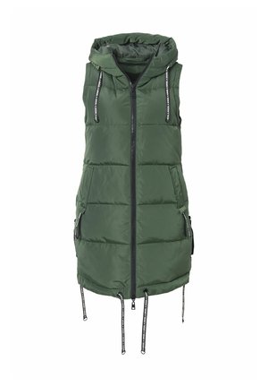 Grüne Pufferweste mit Kapuze, Reißverschluss vorne, zwei seitlichen Taschen und Zugbändern am Saum. Mit schwarzen Reißverschlussakzenten und Nähten.