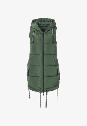 Grüne Pufferweste mit Kapuze, Reißverschluss vorne, zwei seitlichen Taschen und Zugbändern am Saum. Mit schwarzen Reißverschlussakzenten und Nähten.