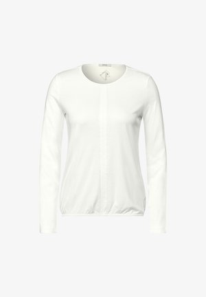 Camiseta de manga larga blanca con cuello redondo, que presenta un detalle de costura central y un dobladillo fruncido. Hecha de suave material de algodón.